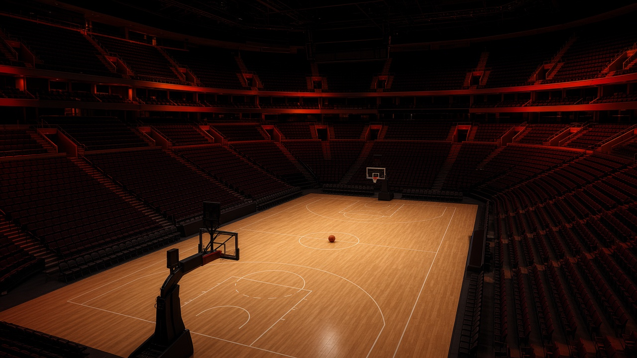 An empty basketball arena with red and orange accent lighting and a basketball at center court, no people