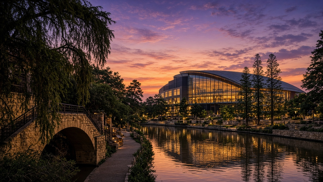 Modern San Antonio arena glowing at dusk beside the River Walk, with warm stone bridges, cypress trees and purple-orange Texas sky