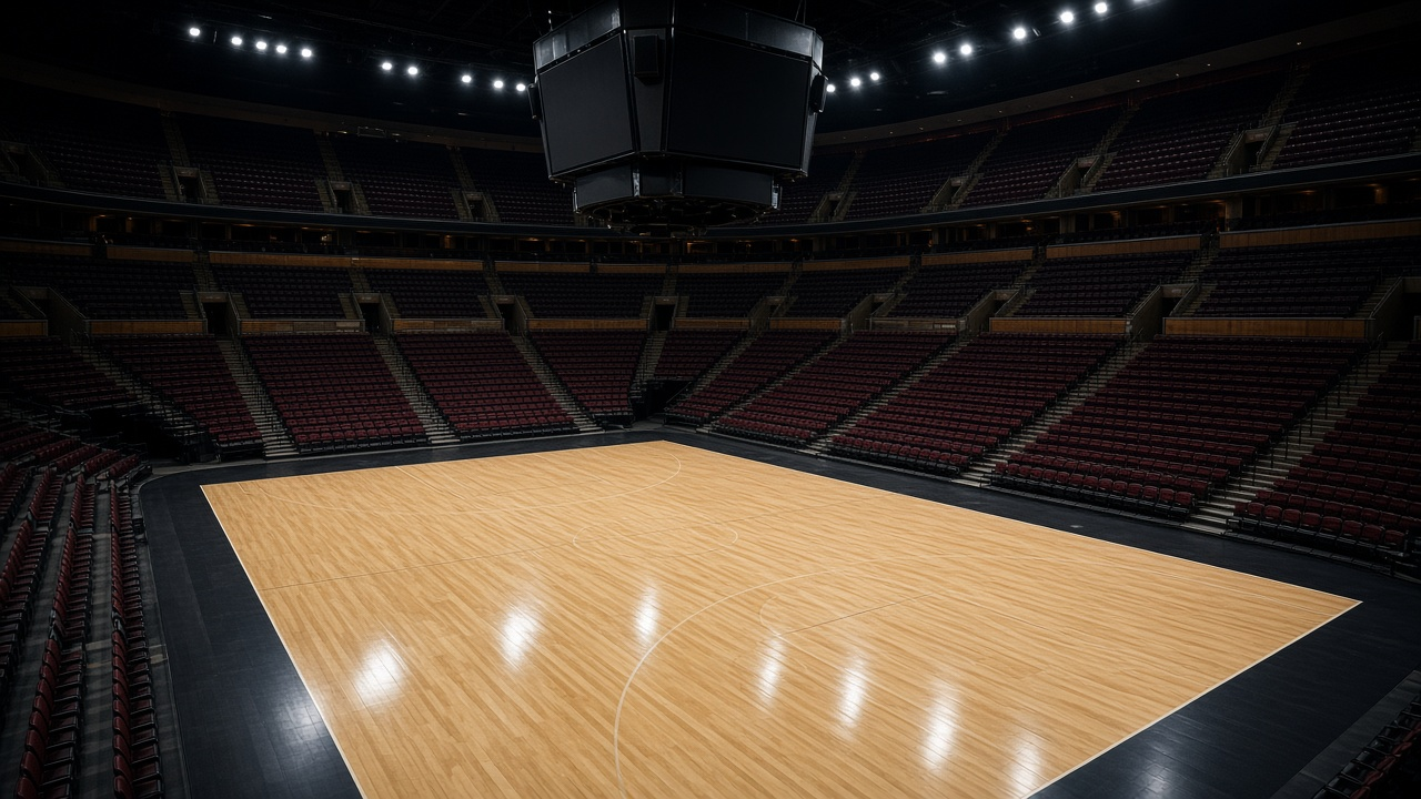 Empty basketball arena with a glossy court and dark red seats, no people