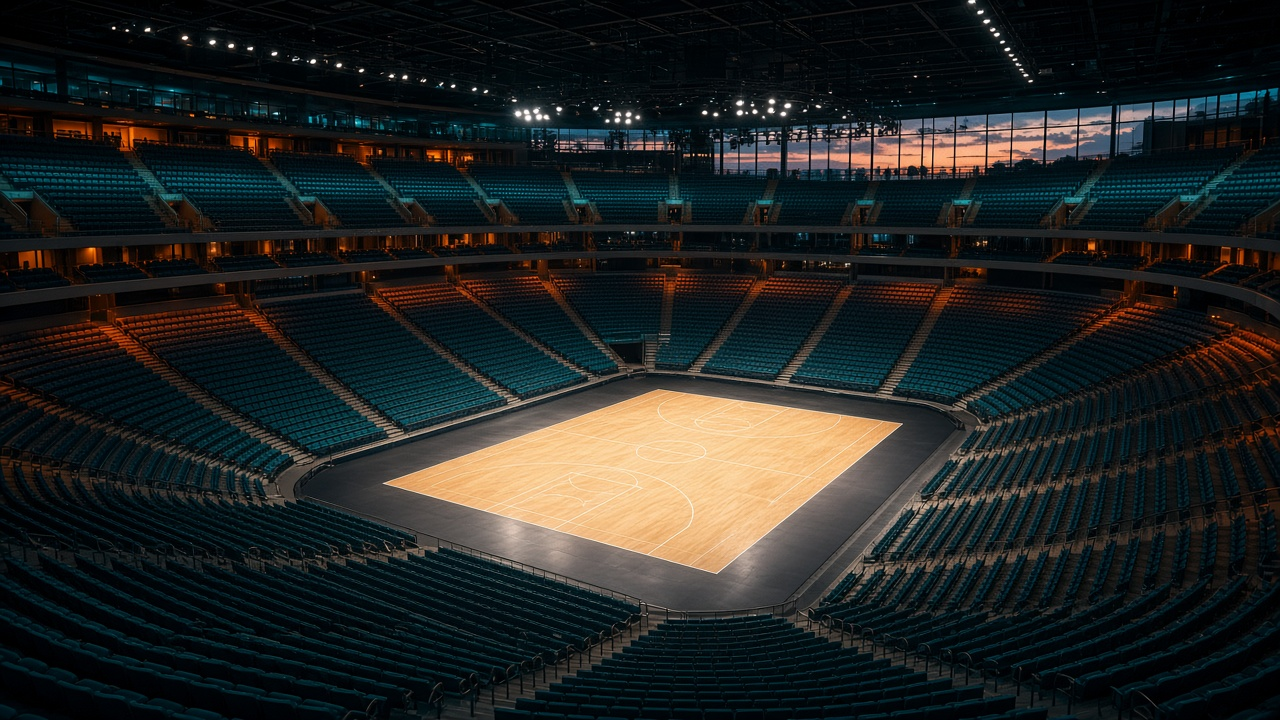 Empty basketball arena at dusk with a polished hardwood court glowing under teal and orange lights and rows of empty seats rising around it