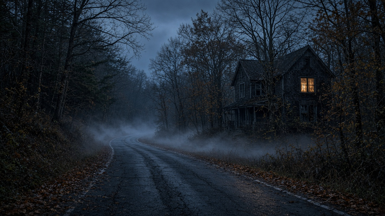 Foggy backwoods road at twilight passing an old farmhouse with one lit window