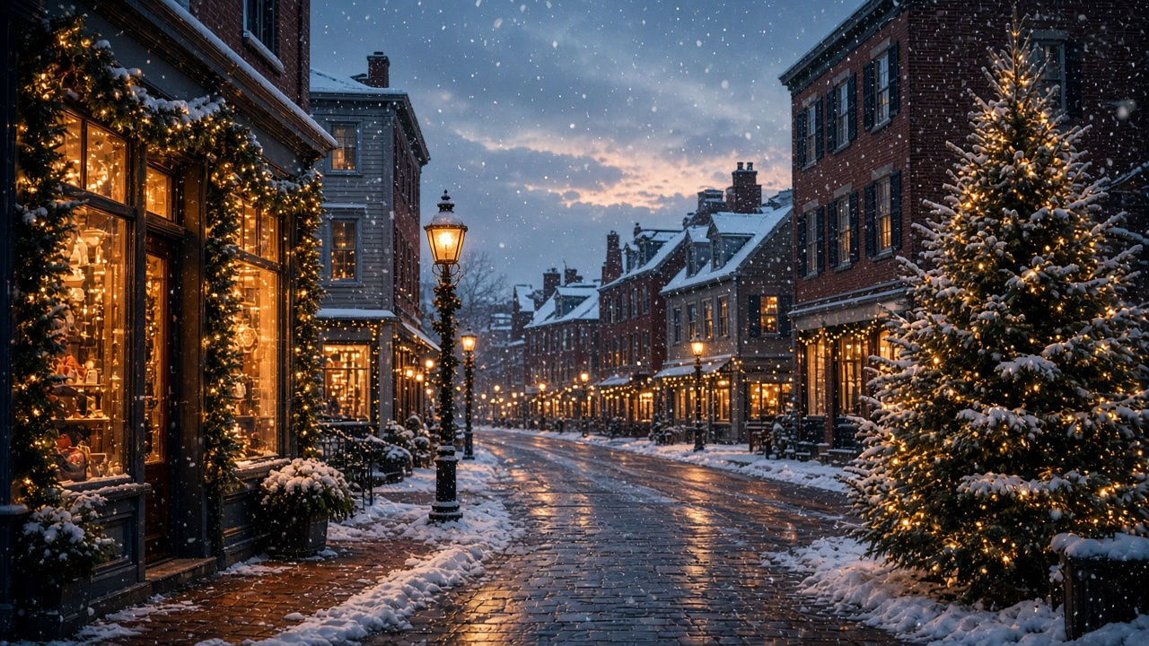 Snowy small-town main street lit up for Christmas at dusk