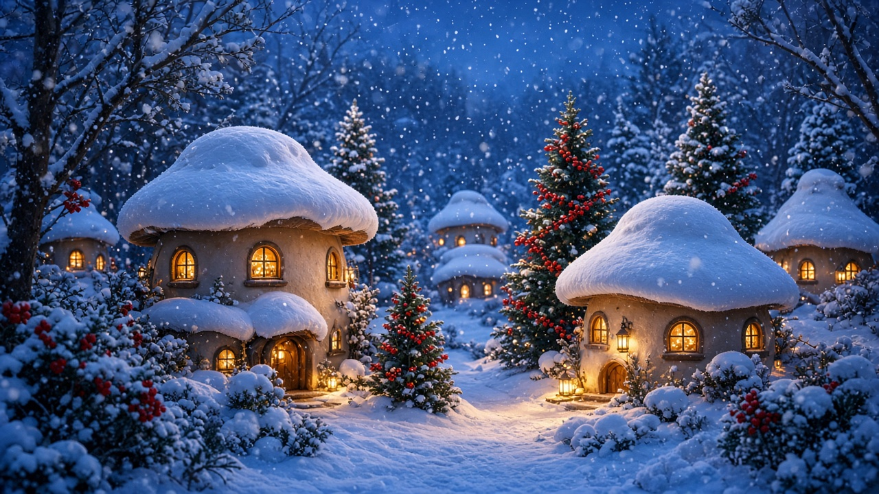 A snowy forest village of mushroom-shaped cottages with glowing windows, berry-trimmed evergreen trees and lanterns at twilight