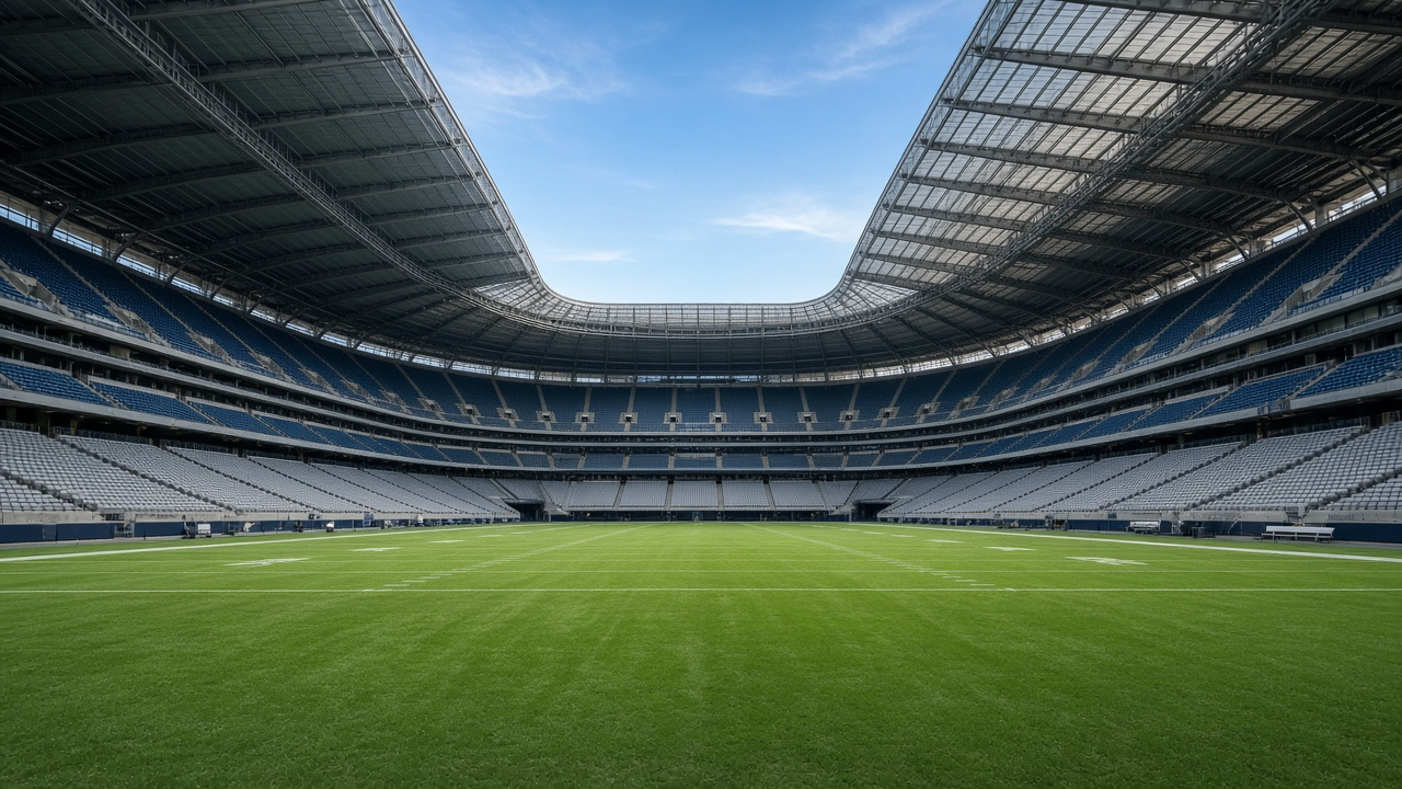 An empty domed football stadium with silver and blue seats and its roof open to a blue sky