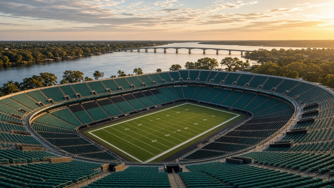 Empty open-air football stadium near a wide river under a golden late-afternoon sky, no people