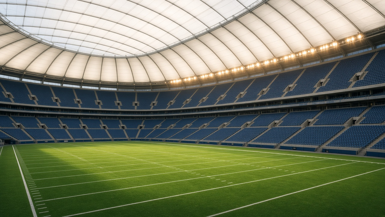An empty domed football stadium with blue seats, green turf and a white roof lit by warm lights