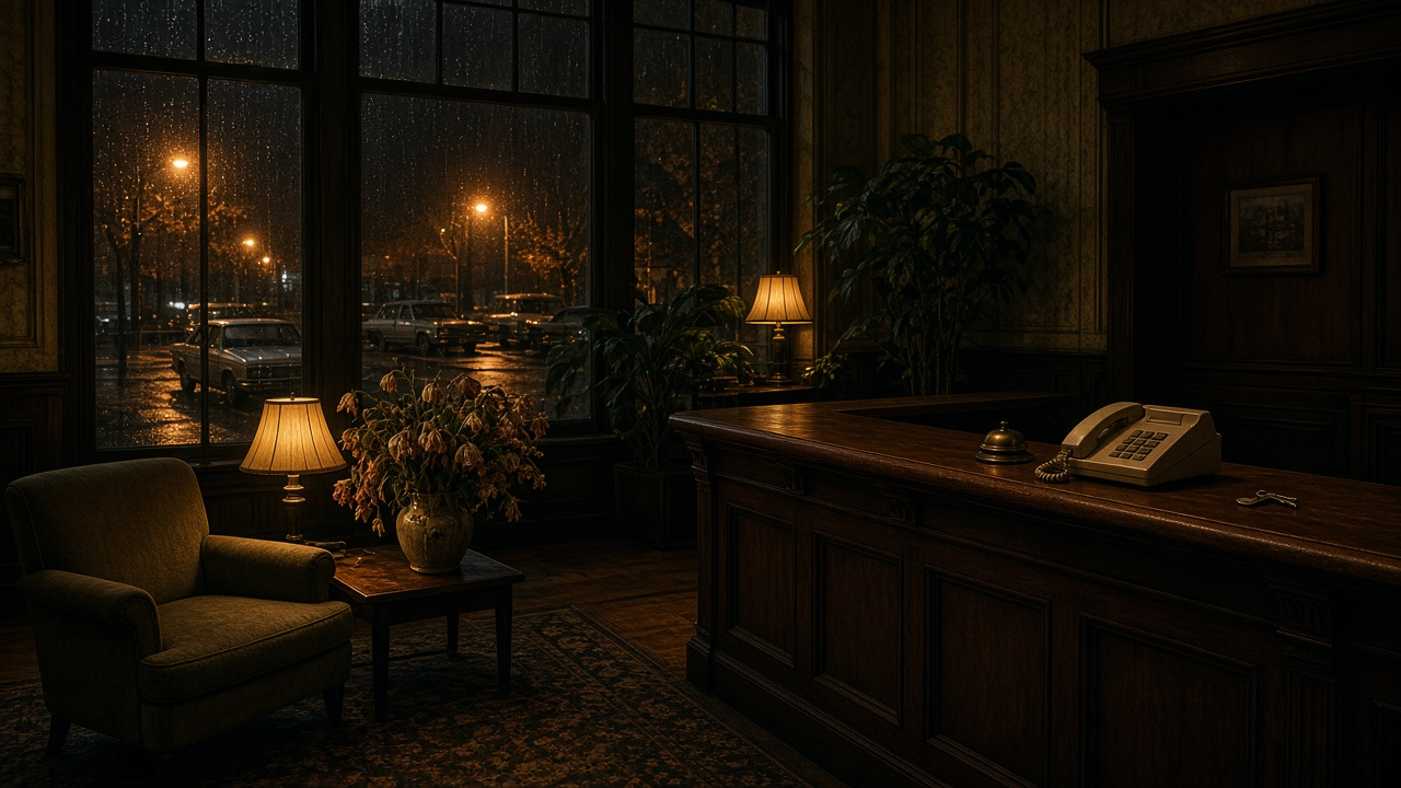 Empty 1980s hotel lobby at night with a dark wood reception desk, a beige push-button phone, a brass bell and a key, an armchair, amber lamps, wilting flowers and rain on windows over a parking lot with vintage cars