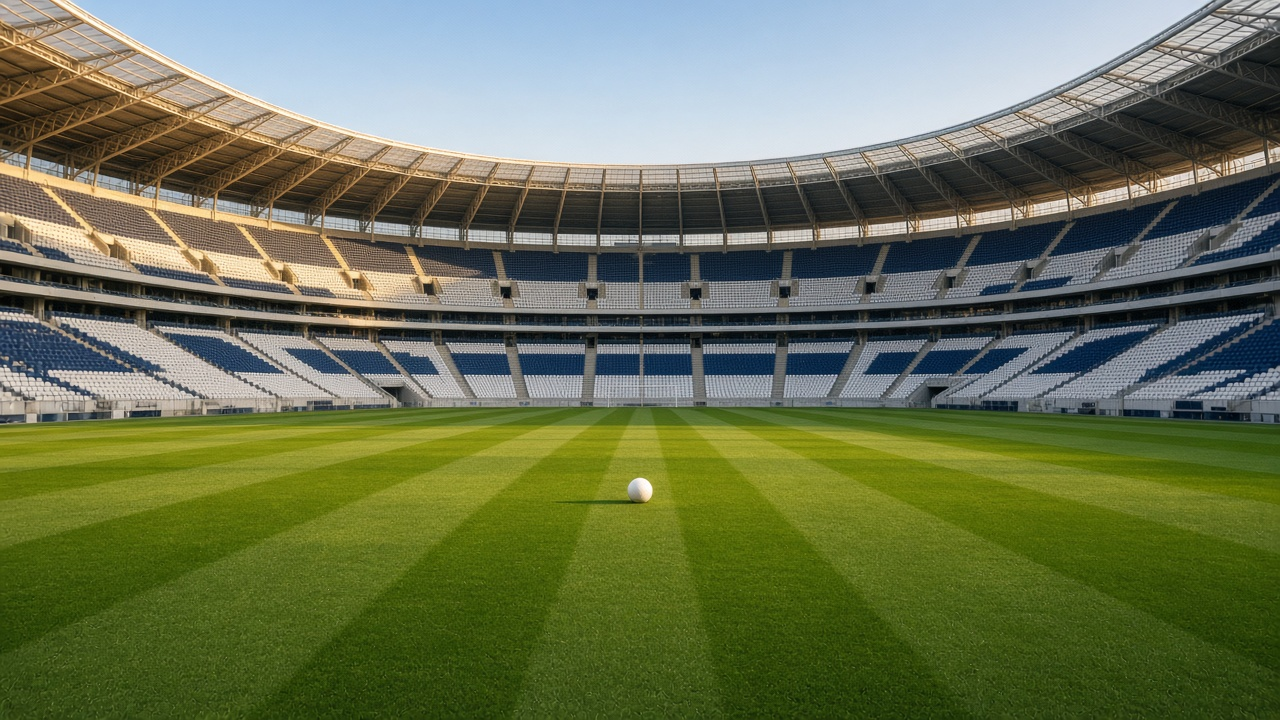 Empty modern football stadium on an autumn afternoon with steep tiers of empty seats and a striped grass pitch, no people