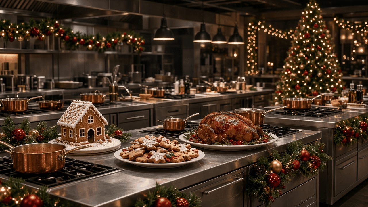 Empty professional cooking-competition kitchen decorated for Christmas with stainless steel stations, copper pans, a gingerbread house, holiday cookies, a roast and a lit Christmas tree, no people, no text, no logos