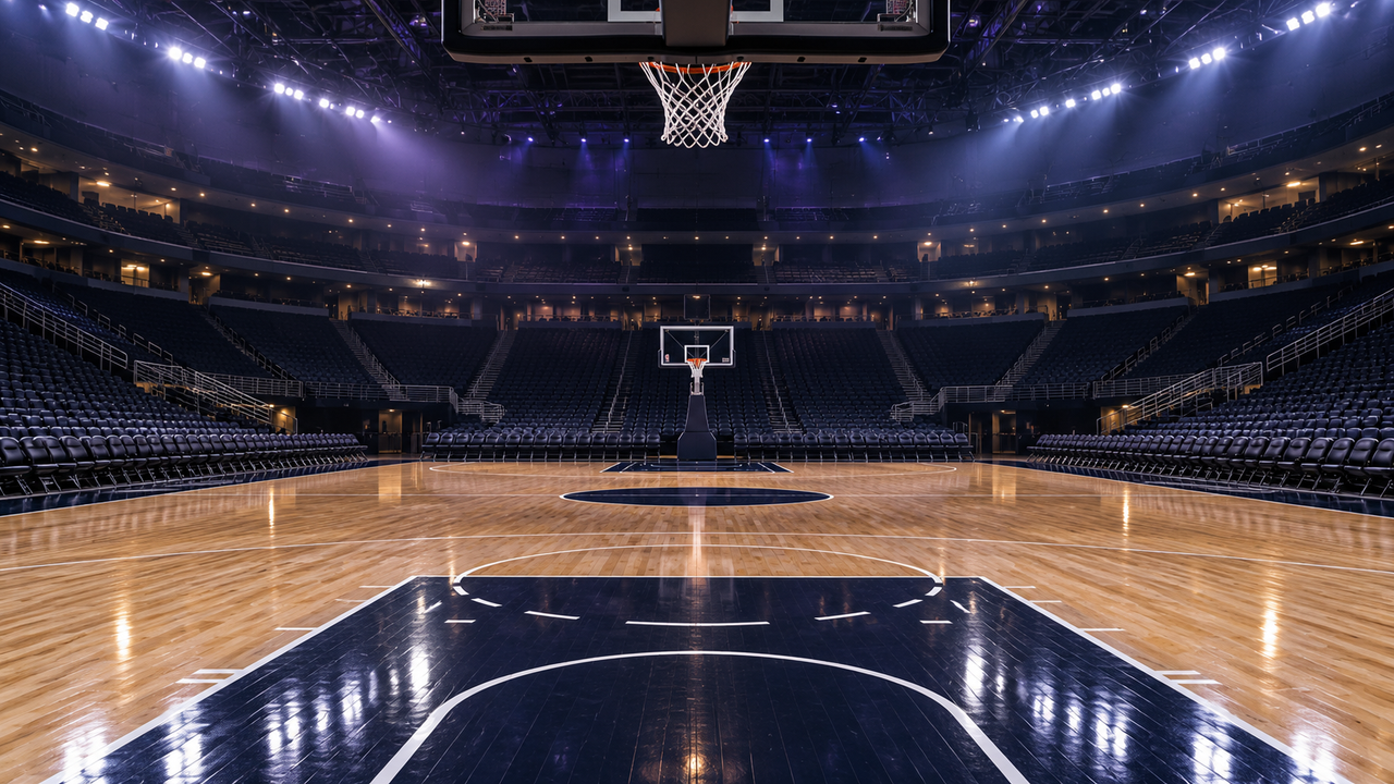 An empty downtown basketball arena at night with its court lit and rows of dark seats rising into shadow, no people