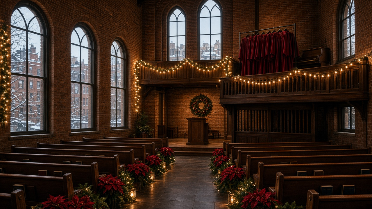 Empty brick church sanctuary decorated for Christmas with poinsettias and string lights along the aisle, red choir robes in the loft and snowy city buildings outside the arched windows