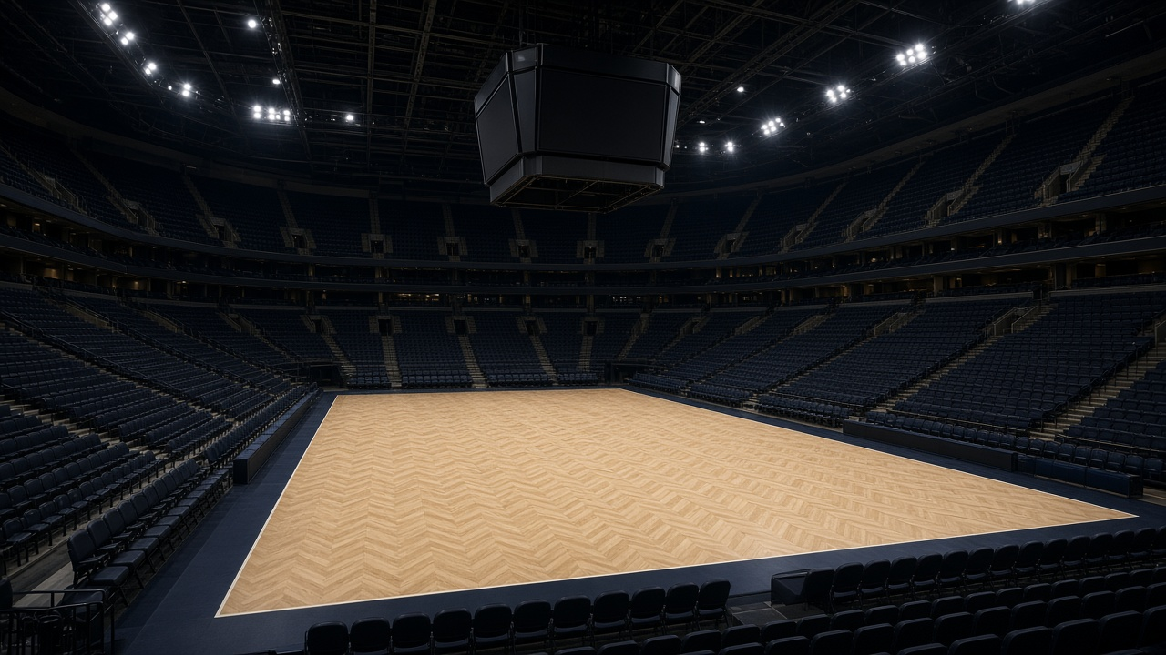 Empty downtown basketball arena with a glossy hardwood court and rows of empty seats, no people
