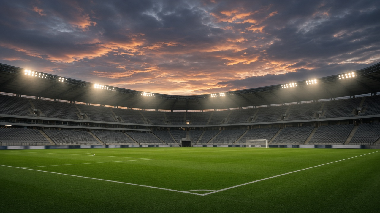 Empty soccer stadium at dusk with glowing floodlights over a pristine green pitch and blurred stands