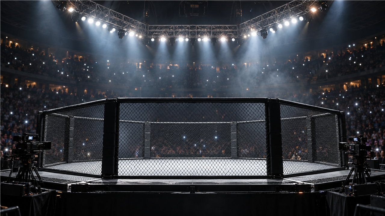 Empty mixed martial arts cage under bright arena lights with a crowd and TV cameras in the background