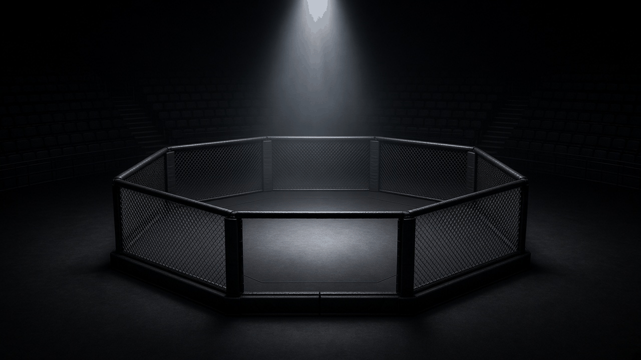 Empty mixed martial arts arena with an illuminated octagon, with no people, text or logos