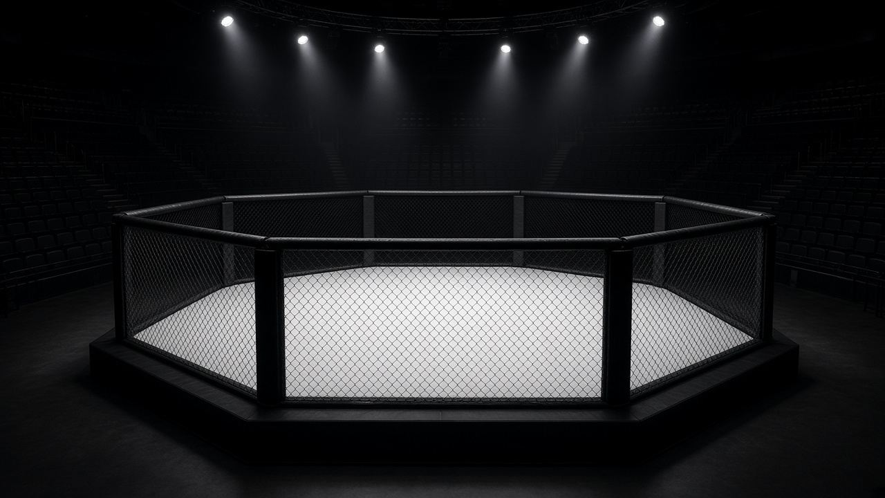 Empty octagon cage under bright lights in a dark arena, no people