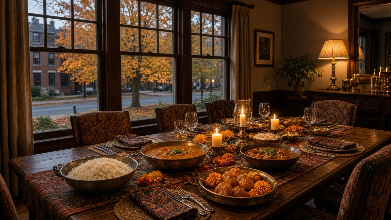 Warm family dining room at dusk with a festive table of rice, curries and sweets, marigolds and candles, and autumn trees on a brick street outside