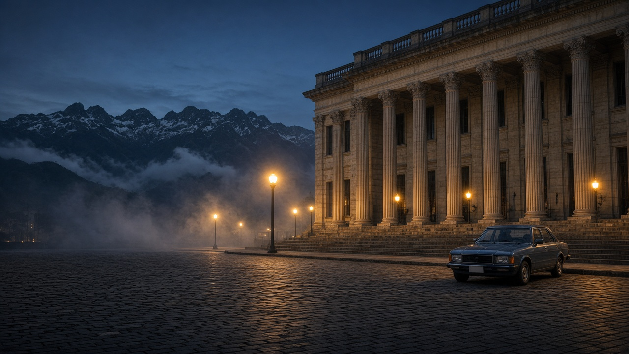 Neoclassical stone courthouse with tall columns on an empty cobblestone plaza at dusk, warm streetlights, drifting haze, a vintage 1980s sedan and snowy Andes peaks behind, no people, no text, no logos