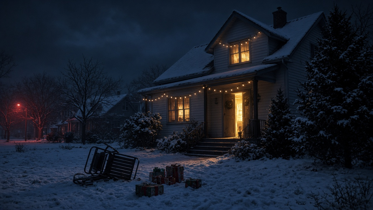 Snowy house on Christmas Eve night with its front door ajar and gifts scattered in the snow