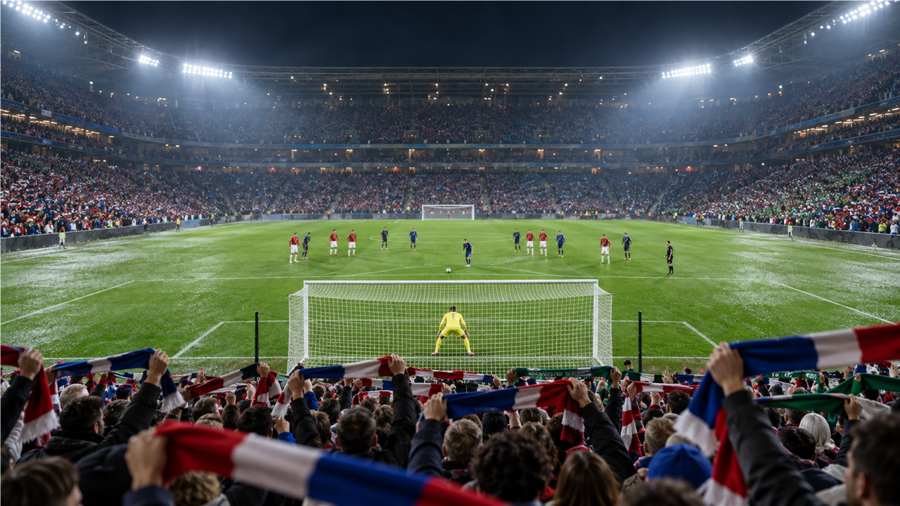 Packed soccer stadium at night under bright floodlights, fans waving red, white and blue scarves behind a goal
