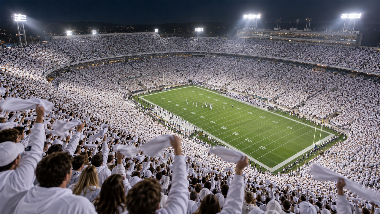 Huge college football stadium at night with more than 100,000 fans dressed in white under the lights