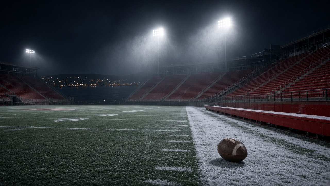 Empty outdoor college football stadium at dusk with rows of empty seats, a football resting on the green turf and autumn trees glowing beyond the rim under a cool twilight sky
