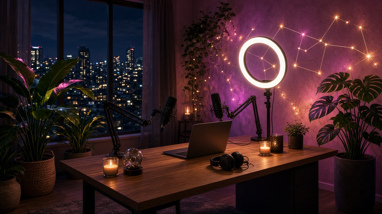 Empty home podcast studio at night with two microphones on boom arms, a laptop, headphones and candles on a wooden desk, a glowing ring light, constellation string lights on a purple wall and a city skyline in the window