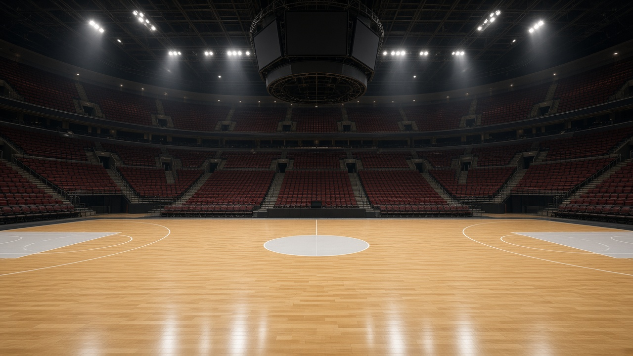 Empty indoor basketball arena with a polished hardwood court under bright overhead lights and rows of empty seats, no people