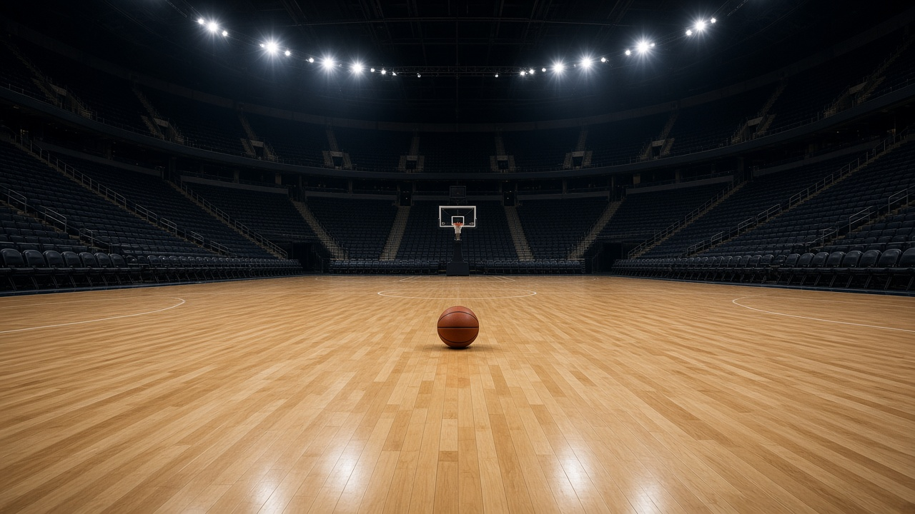 An empty basketball arena with a polished hardwood court under bright lights and a basketball at center court