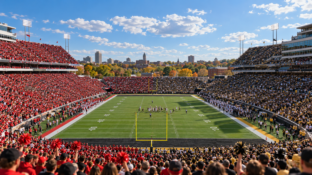 Packed college football stadium on a sunny autumn afternoon with red-clad fans in the stands