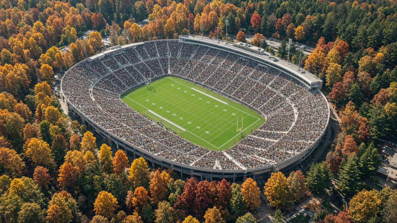 Empty open-air college football stadium at night under bright stadium lights, rows of empty seats and a football resting on green turf near midfield, no people or logos