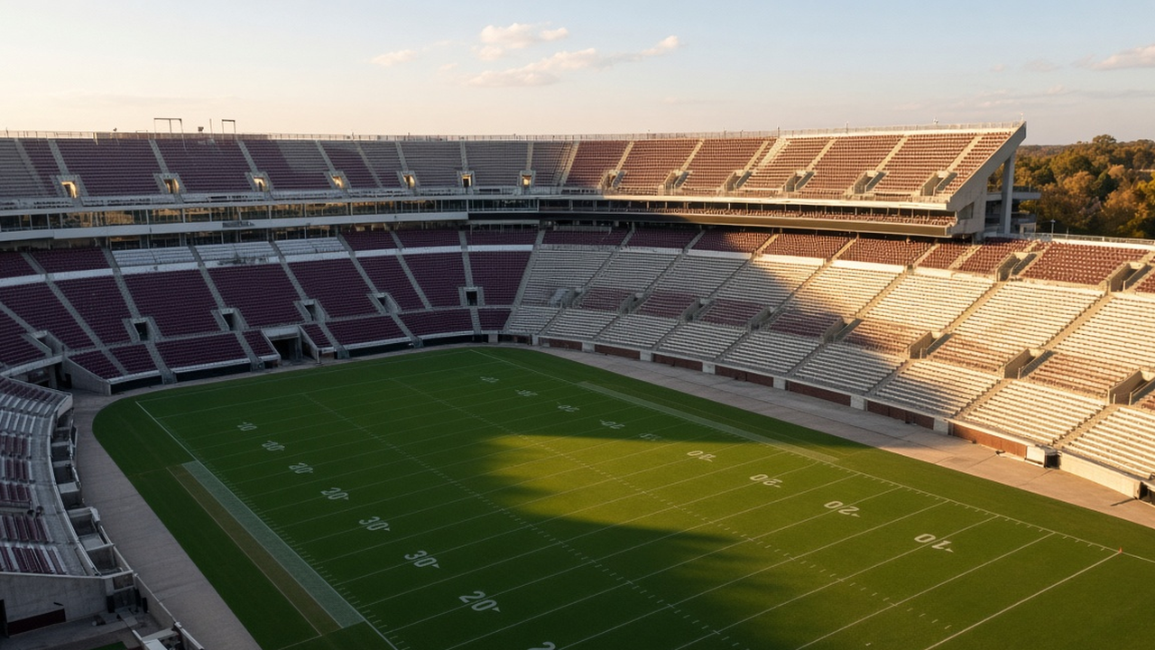Empty college football stadium with maroon seats in golden afternoon light, no people