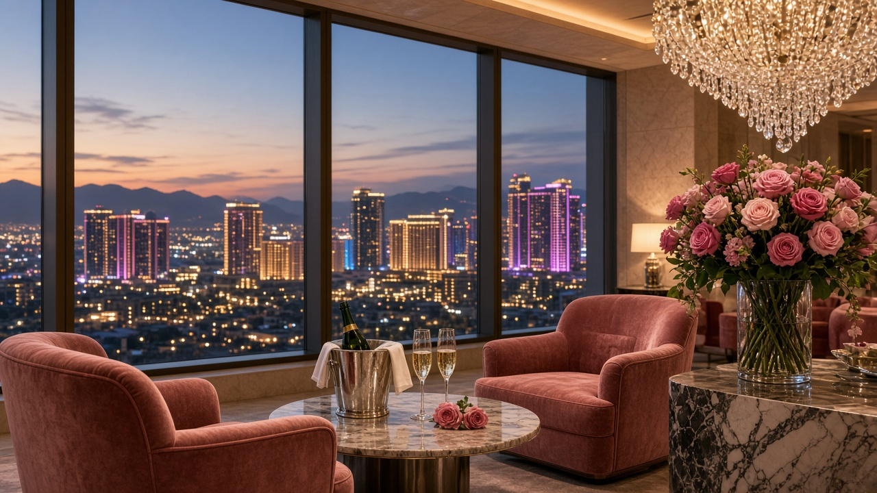 Glamorous hotel lounge at dusk with pink velvet armchairs, a vase of pink roses, a champagne bucket with two glasses and a crystal chandelier overlooking a glittering skyline