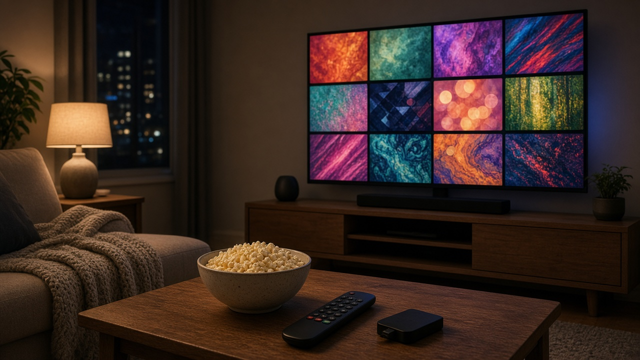 A dark living room with a TV showing a grid of colorful abstract channel tiles, a remote, a streaming stick and a bowl of popcorn on the coffee table