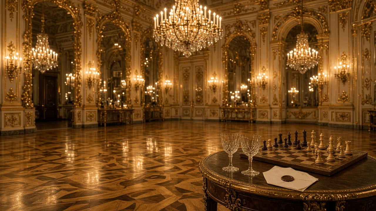 Grand candlelit ballroom inspired by nineteenth-century Vienna, with no people, text or logos