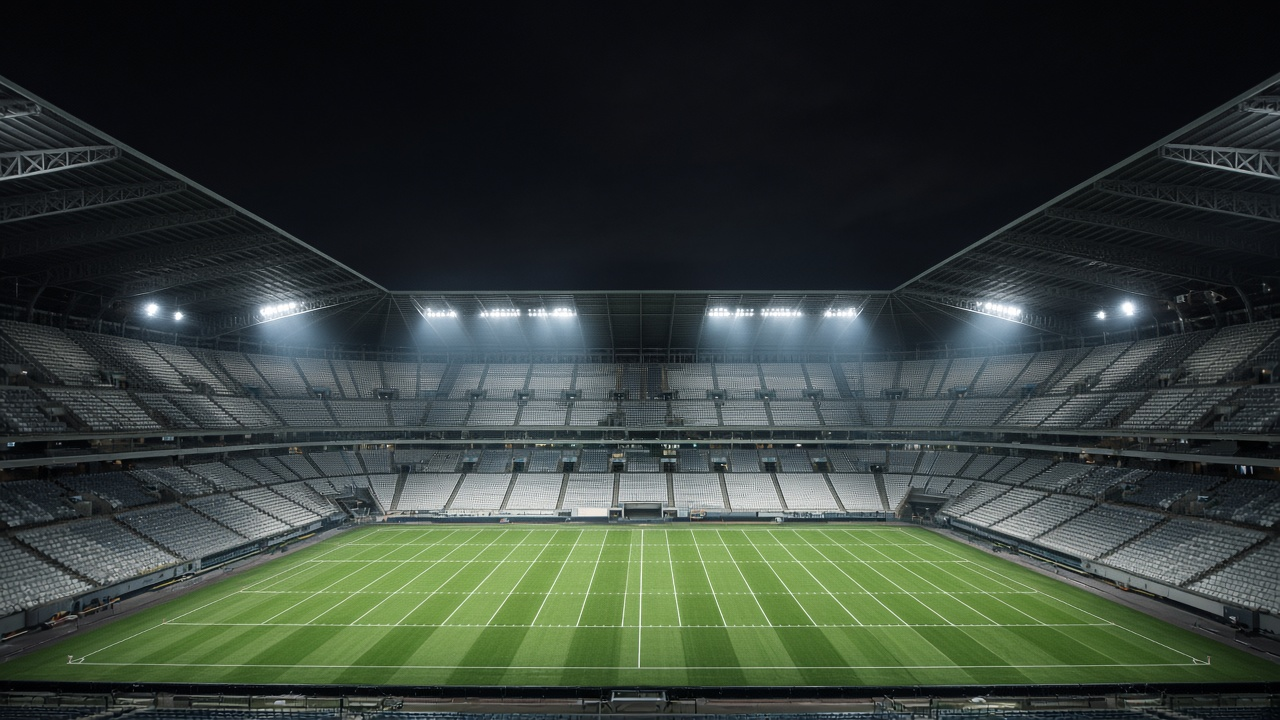 Empty huge stadium bowl at night with a lit green football field, no people