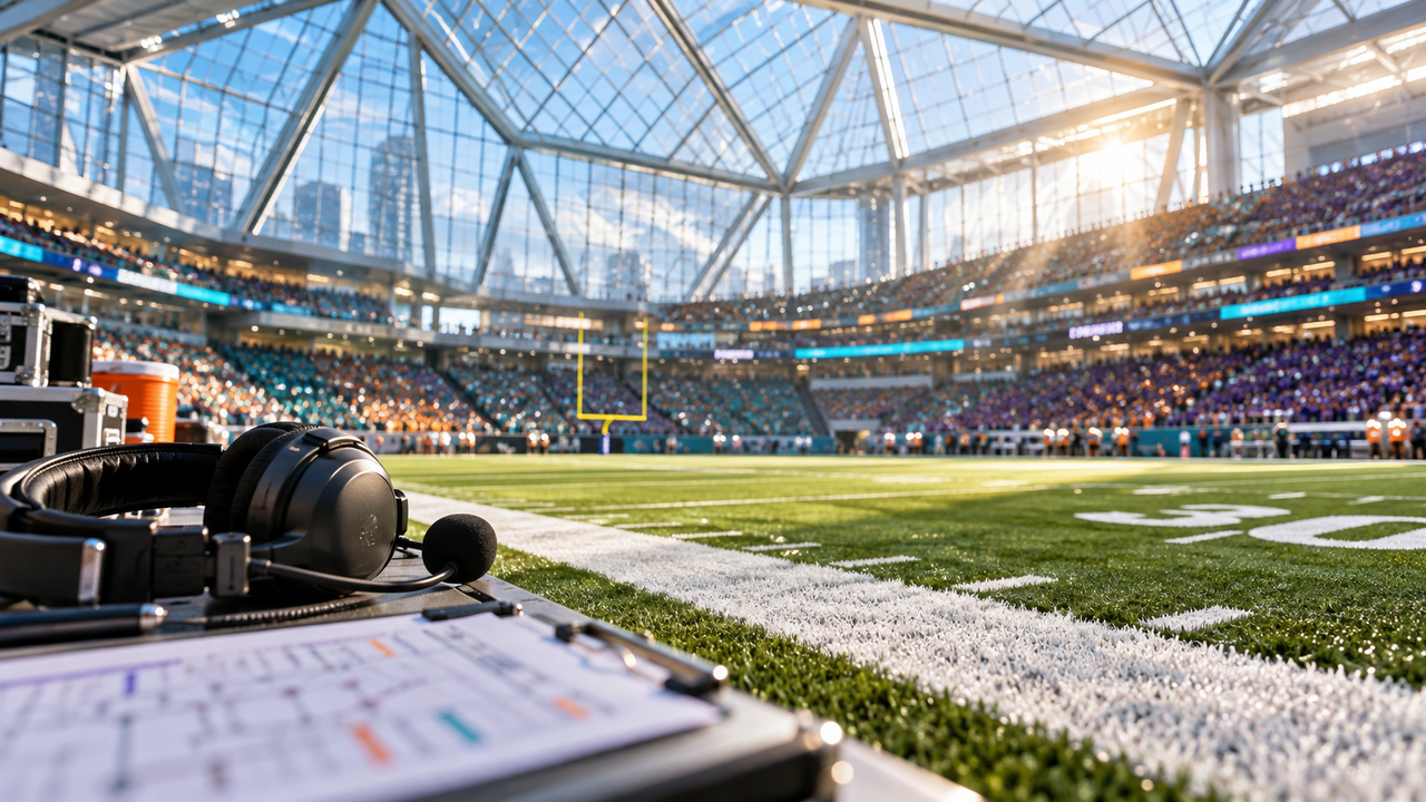 Sunlit enclosed football stadium with a glass roof and broadcast headset near the sideline