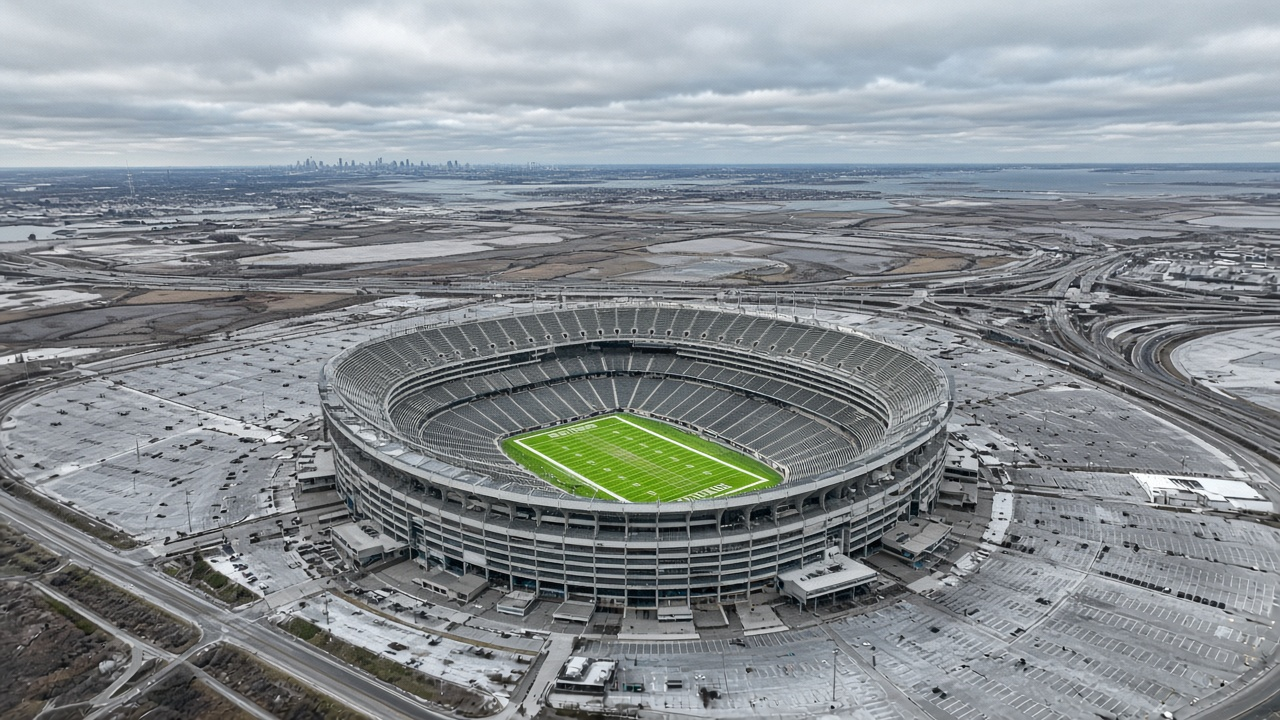 Large open-air football stadium beside marshland and highways on a cold gray January afternoon, no people