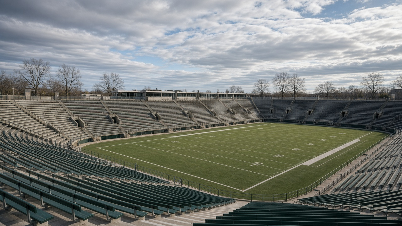 Empty football stadium bowl with a green field and empty bleachers on an autumn afternoon, no people