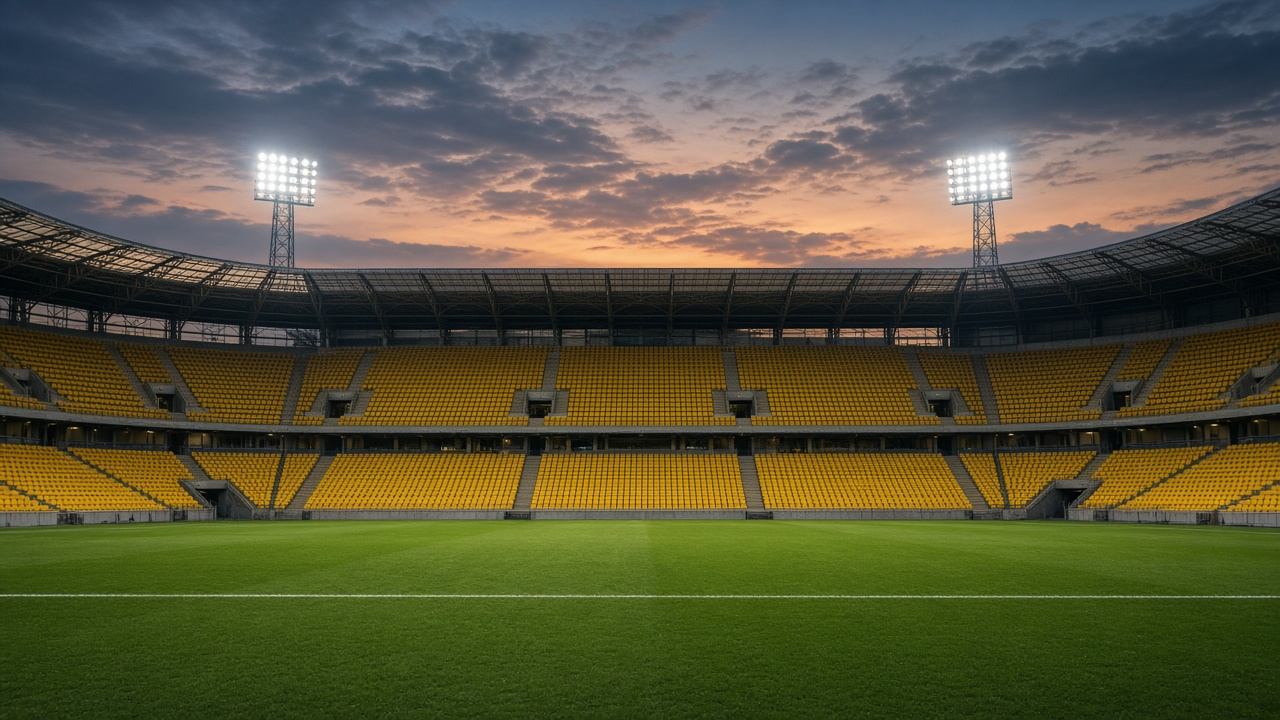 Empty football stadium with bright yellow seats and a green pitch at twilight, no people