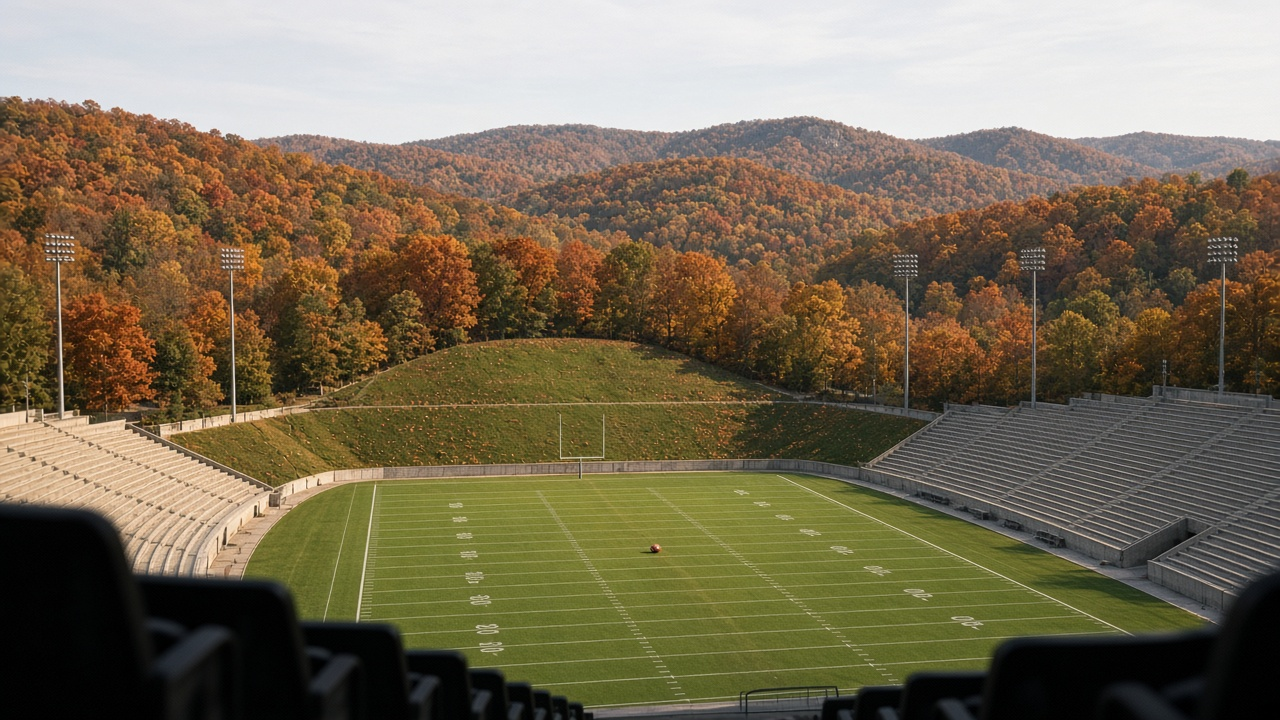 Empty college football stadium at dusk under bright floodlights, purple and orange sunset over wooded hills, tiers of empty seats and a football on a tee at midfield
