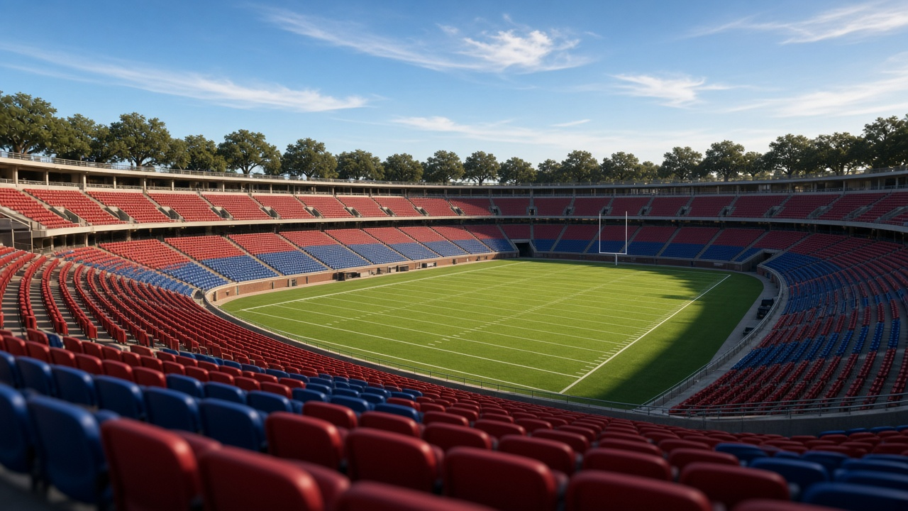 Empty college football stadium on a sunny late morning with empty red and blue seats, green turf, white yard lines and goal posts under a clear Texas sky