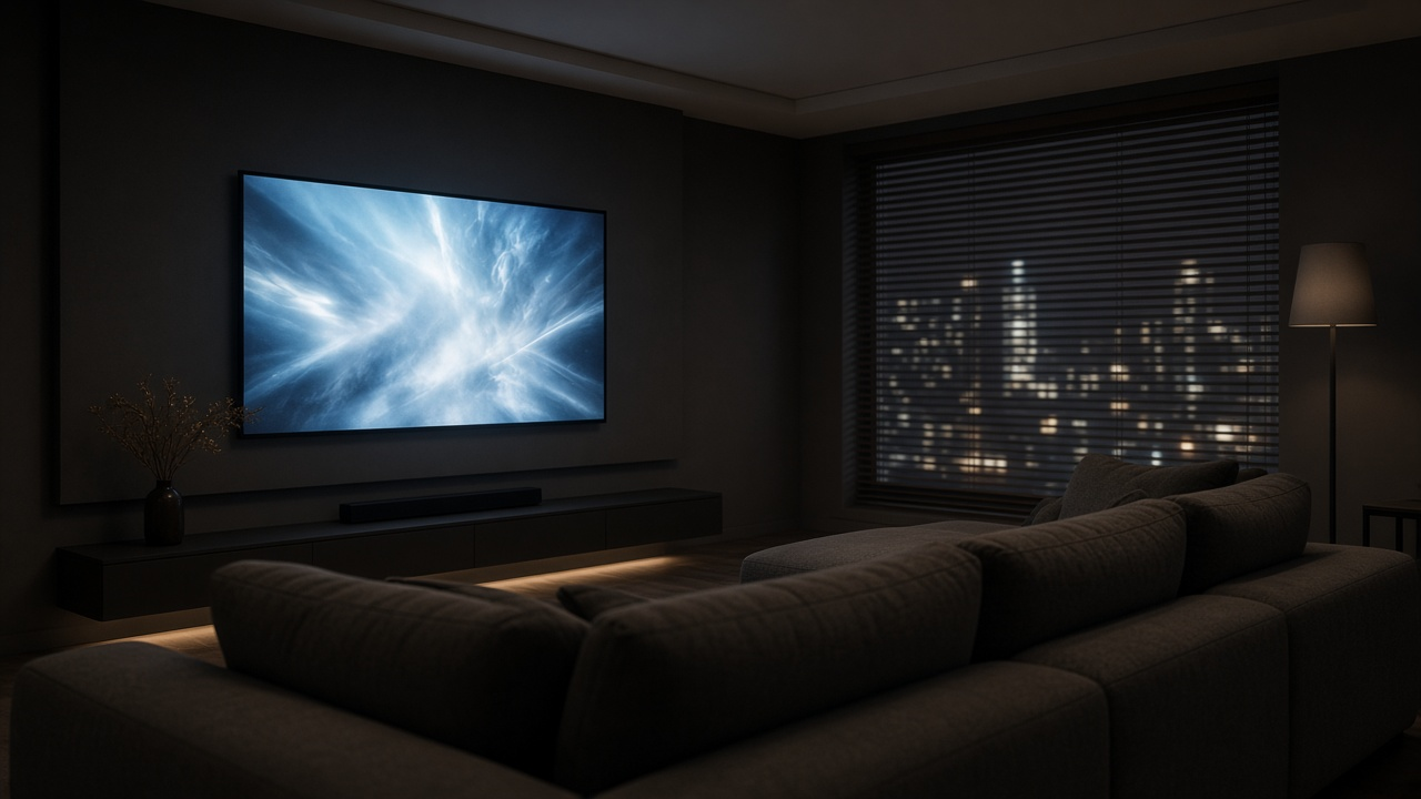 Dark modern living room at night with a large TV glowing in abstract blue and white light and city lights showing through window blinds