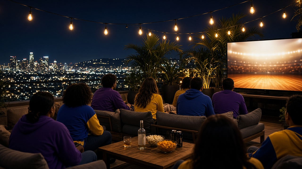 Friends in purple-and-gold and royal-blue clothing watching a basketball game on an outdoor screen at a Los Angeles rooftop party at night