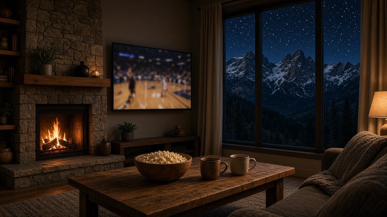 Basketball game on a wall-mounted TV beside a stone fireplace in a mountain-view living room at night, with popcorn on the coffee table