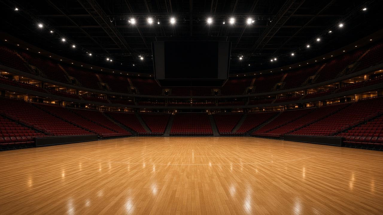 Empty basketball arena with a glossy court and red seats, no people