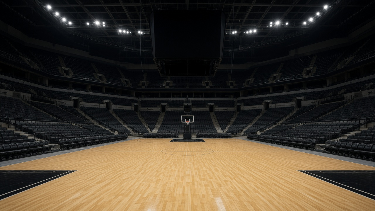 Empty basketball arena with a glossy court and black and silver seats, no people