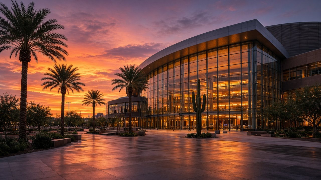 A desert-city arena plaza at dusk with palm trees, a saguaro cactus and a glowing glass entrance under an orange and purple sky