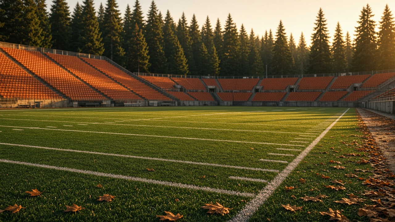 Empty college football stadium at golden hour with green turf, white yard lines and evergreen trees beyond the stands, photoreal, no people, text or logos
