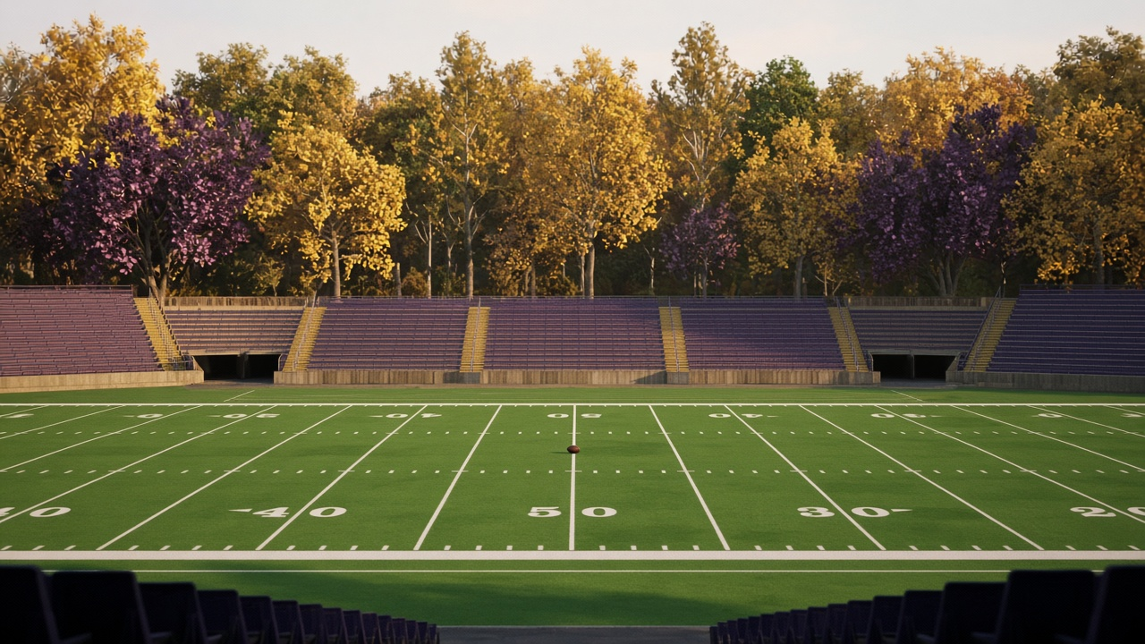 Empty football field and stands bordered by yellow and purple autumn trees